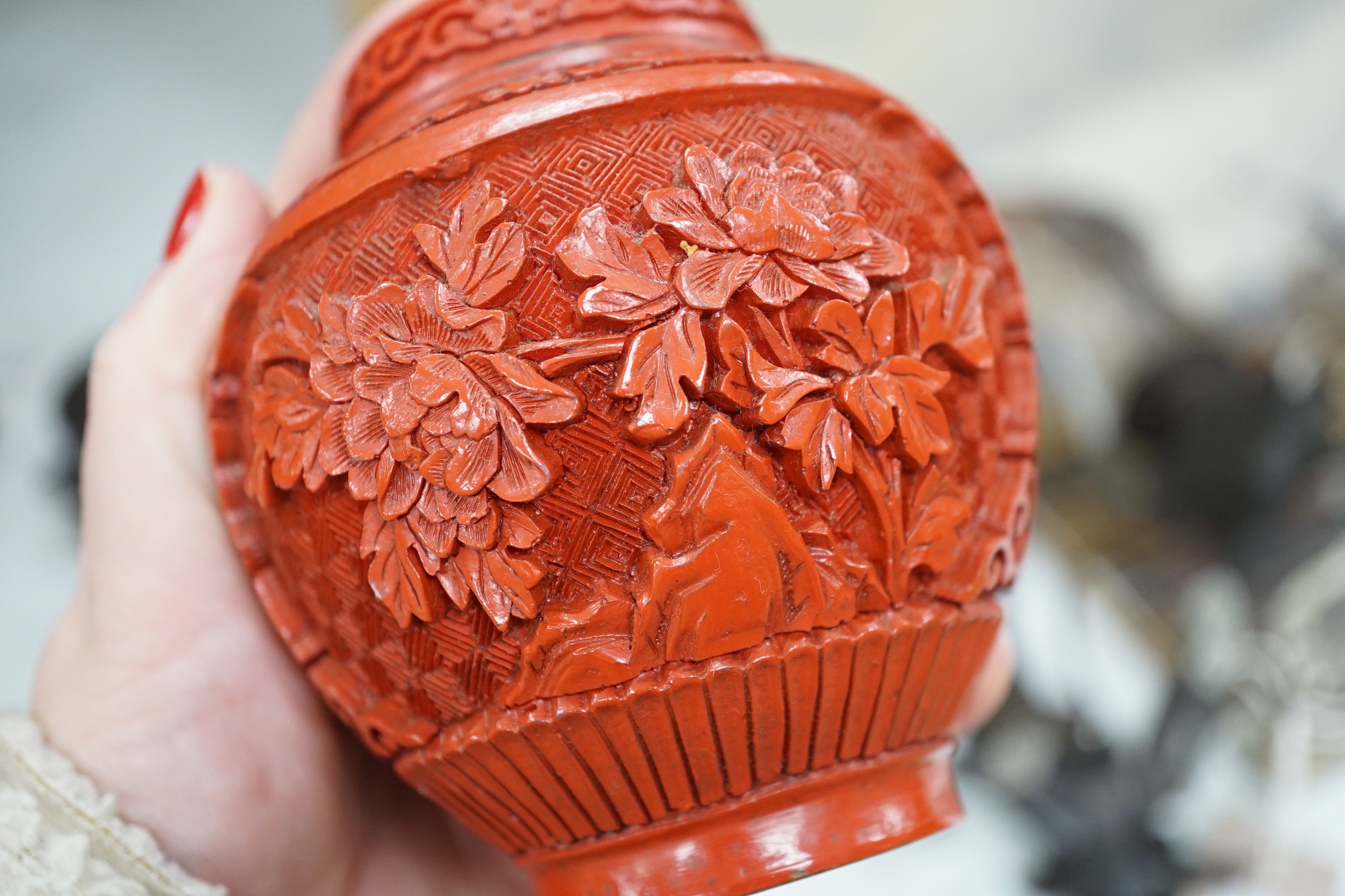 A quantity of Chinese Yixing teapots, a cinnabar resin jar and cover, a Samson teapot etc.